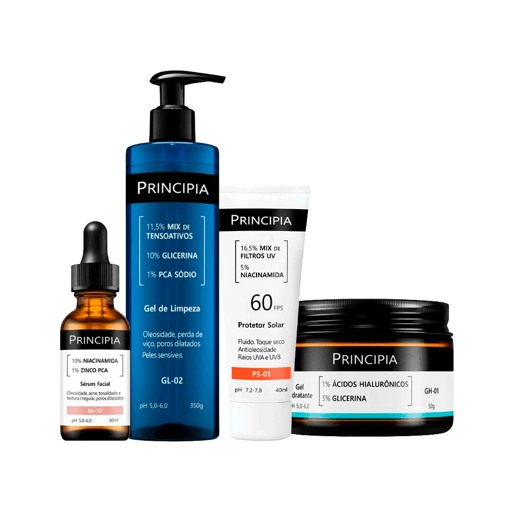 Kit Principia Gel Hidratante 50g + Sérum 30ml + Gel de Limpeza Facial 350g + Protetor Solar FPS60 40ml