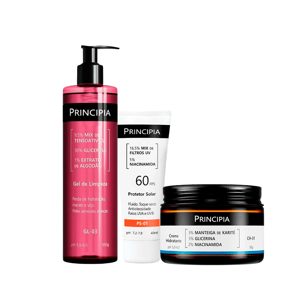 Kit Principia Protetor Solar FPS60 40ml + Gel De Limpeza Gl-03 350ml + Creme Hidratante Ch-01 50g