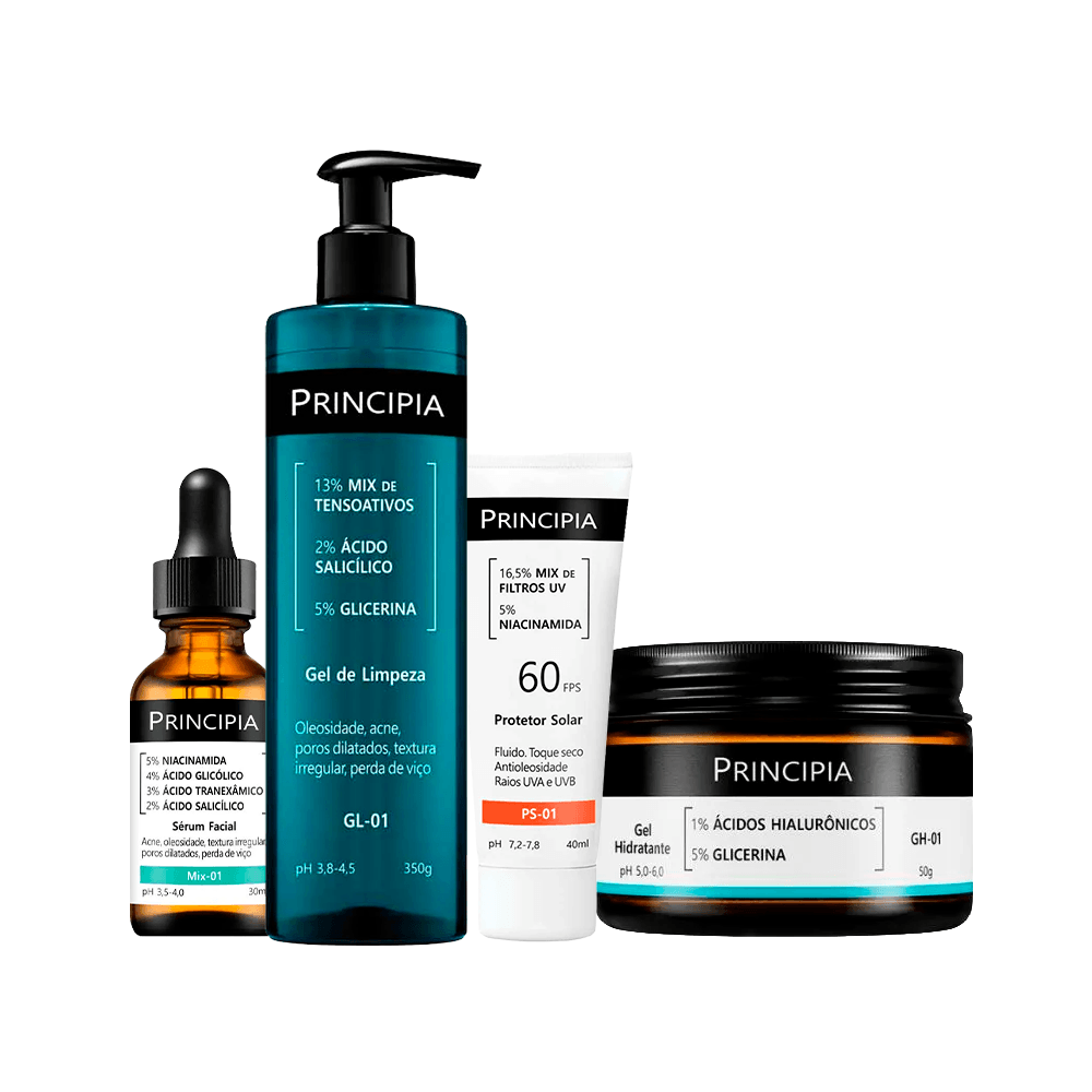 Kit Principia Sérum Facial 30ml + Gel Hidratante Skincare Gh-01 50g + Protetor Solar FPS60 40ml + Gel de Limpeza Facial 350ml