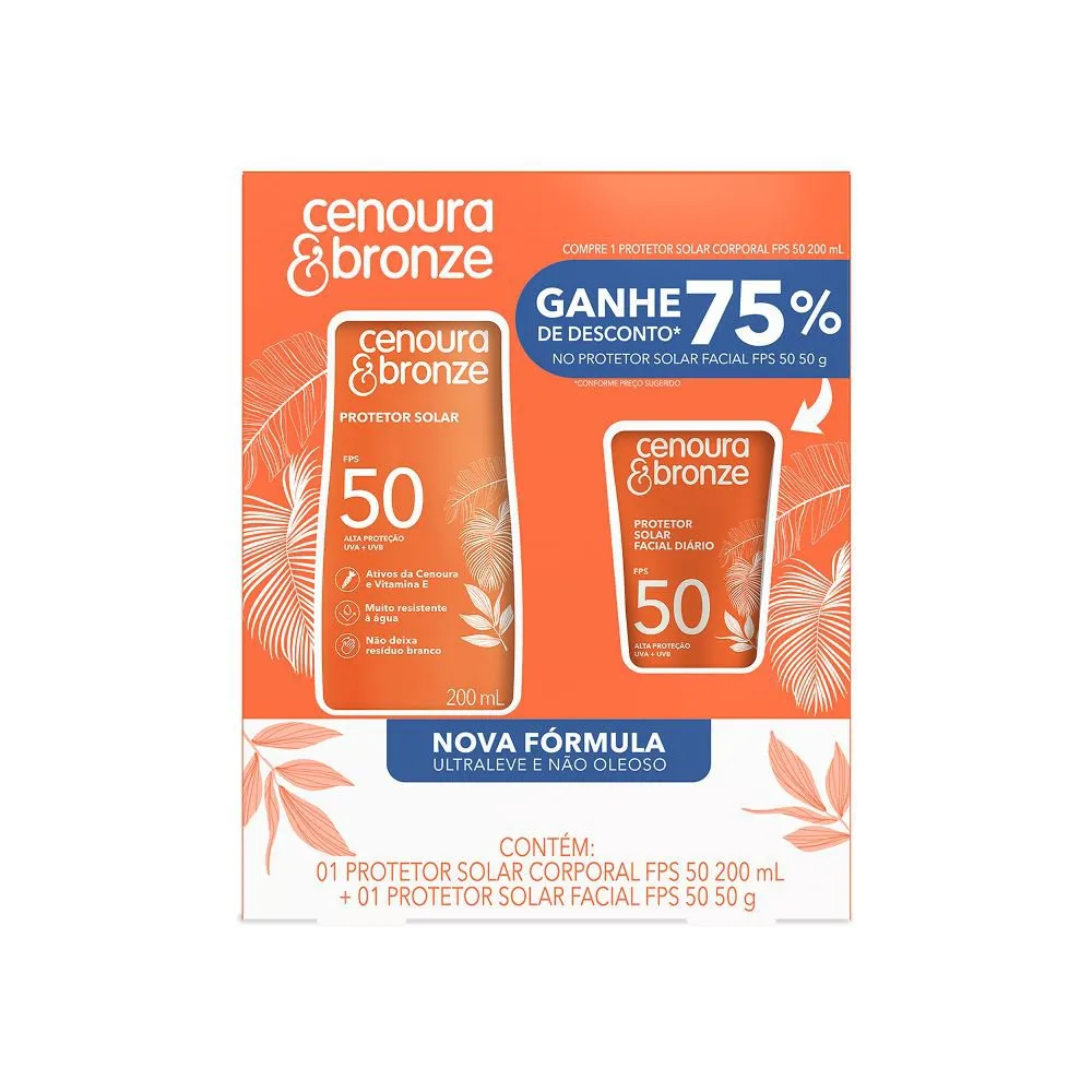 Kit Protetor Solar Cenoura Bronze Corporal Fps50 200ml + Facial Toque Seco Fps50 50g