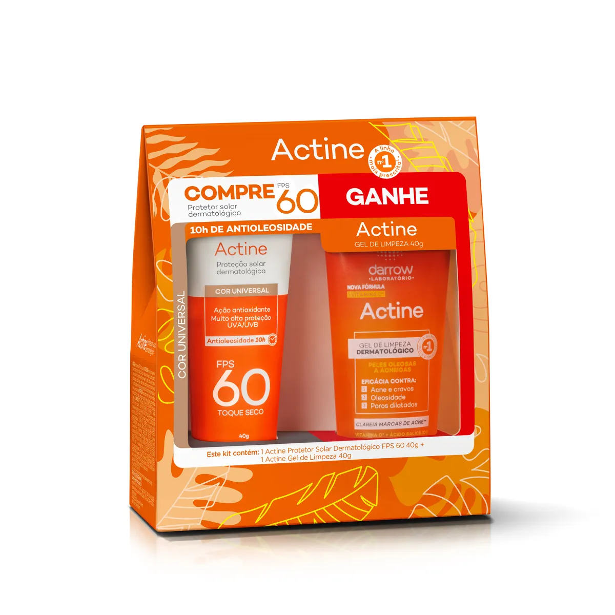 Kit Protetor Solar Facial Darrow Actine Antioleosidade FPS60 Cor Universal 1 Unidade + Gel de Limpeza Actine 40g 1 Unidade