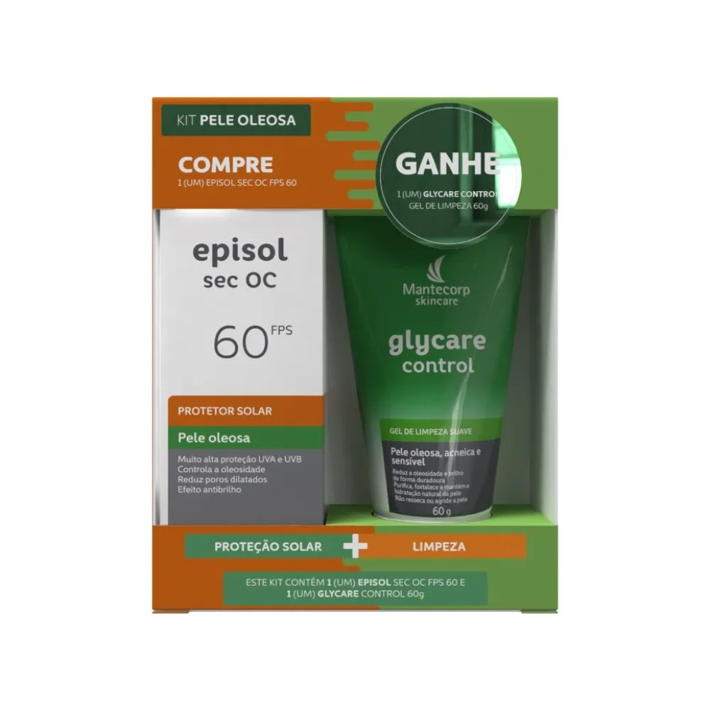 Kit Protetor Solar Facial Episol Sec OC Antioleosidade FPS60 60ml 1 Unidade + Gel de Limpeza Glycare Control 60g 1 Unidade
