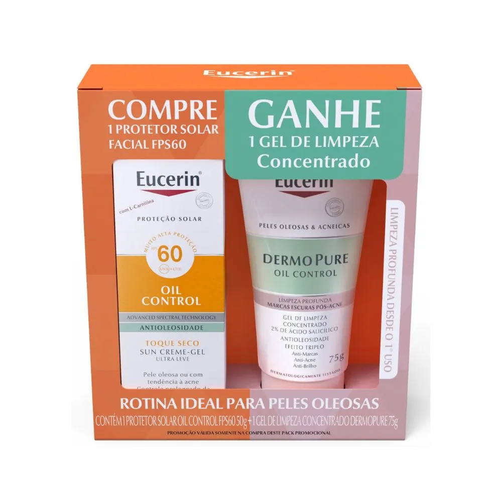Kit Protetor Solar Facial Eucerin Sun Oil Control FPS60 50g 1 Unidade + Gel de Limpeza Facial Eucerin Dermopure Concentrado 75ml 1 Unidade
