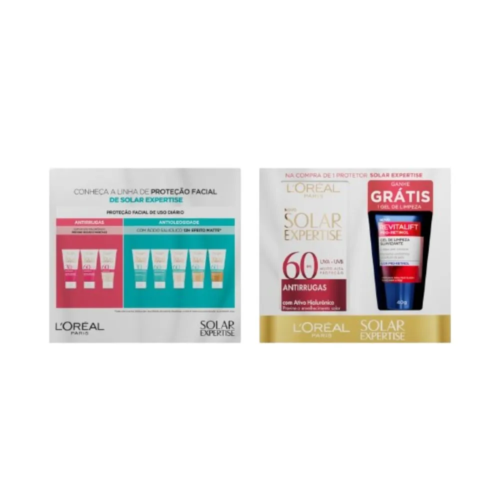 Kit Protetor Solar Facial Solar Expertise Antirrugas FPS60 40g 1 Unidade + Gel de Limpeza Revitalift Pro-Retinol 40g 1 Unidade