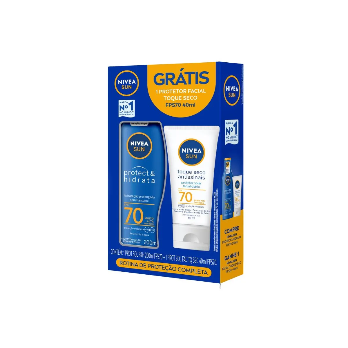 Kit Protetor Solar Fps70 Nivea Sun Protect Hidrata 200ml + Grátis Protetor Solar Facial Toque Seco Antissinais Fps70 40ml
