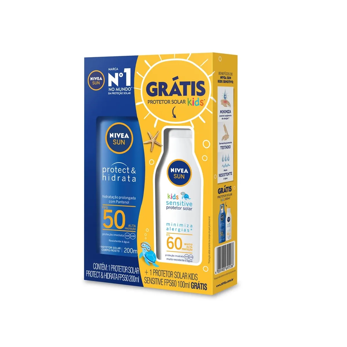 Kit Protetor Solar Nivea Sun Protect & Hidrata FPS50 200ml 1 Unidade + Protetor Solar Nivea Sun Kids Sensitive FPS60 100ml 1 Unidade