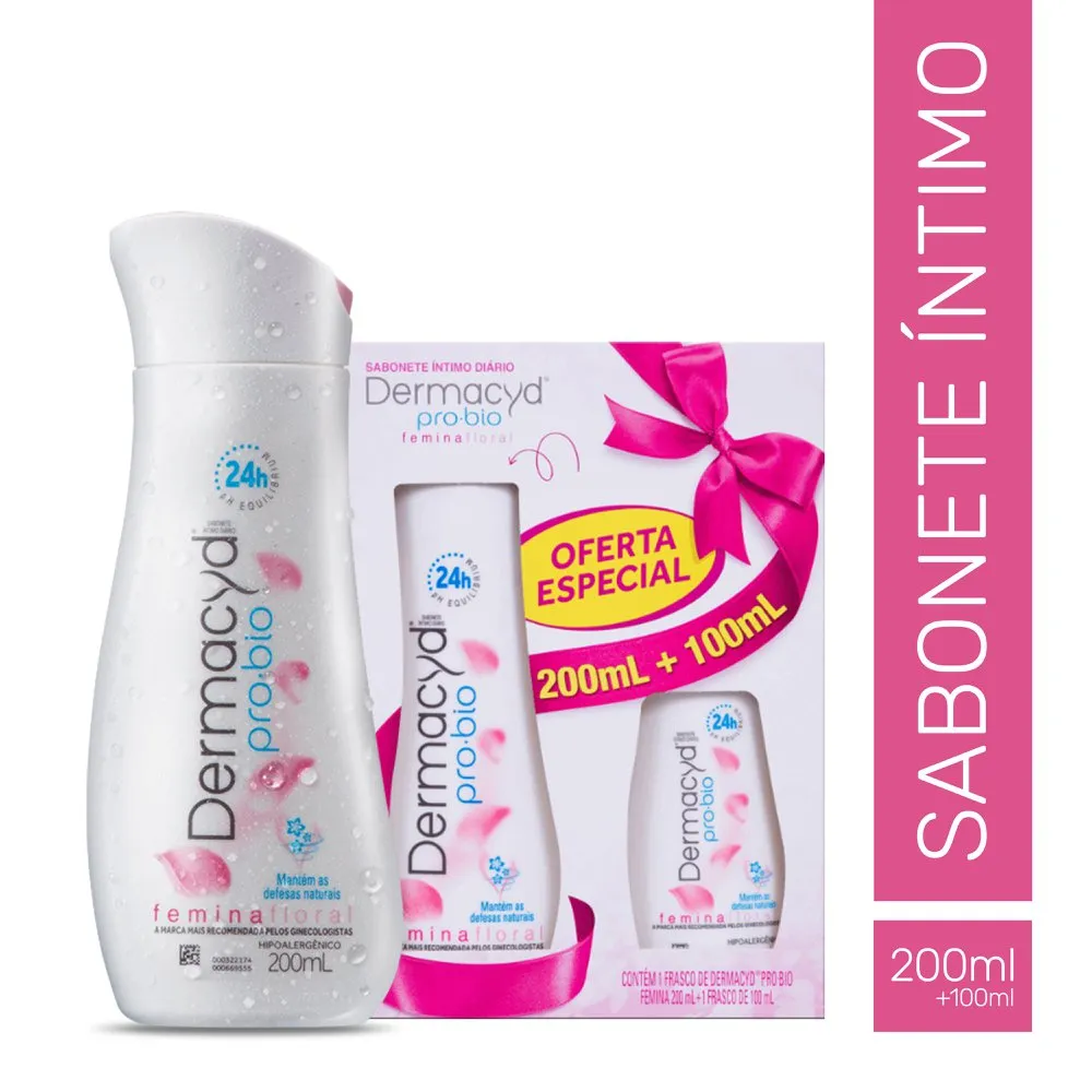 Kit Sabonete Íntimo Dermacid Pro-Bio Femina Floral 200ml 1 Unidade + Sabonete Íntimo Dermacid Pro-Bio Femina Floral 100ml 1 Unidade