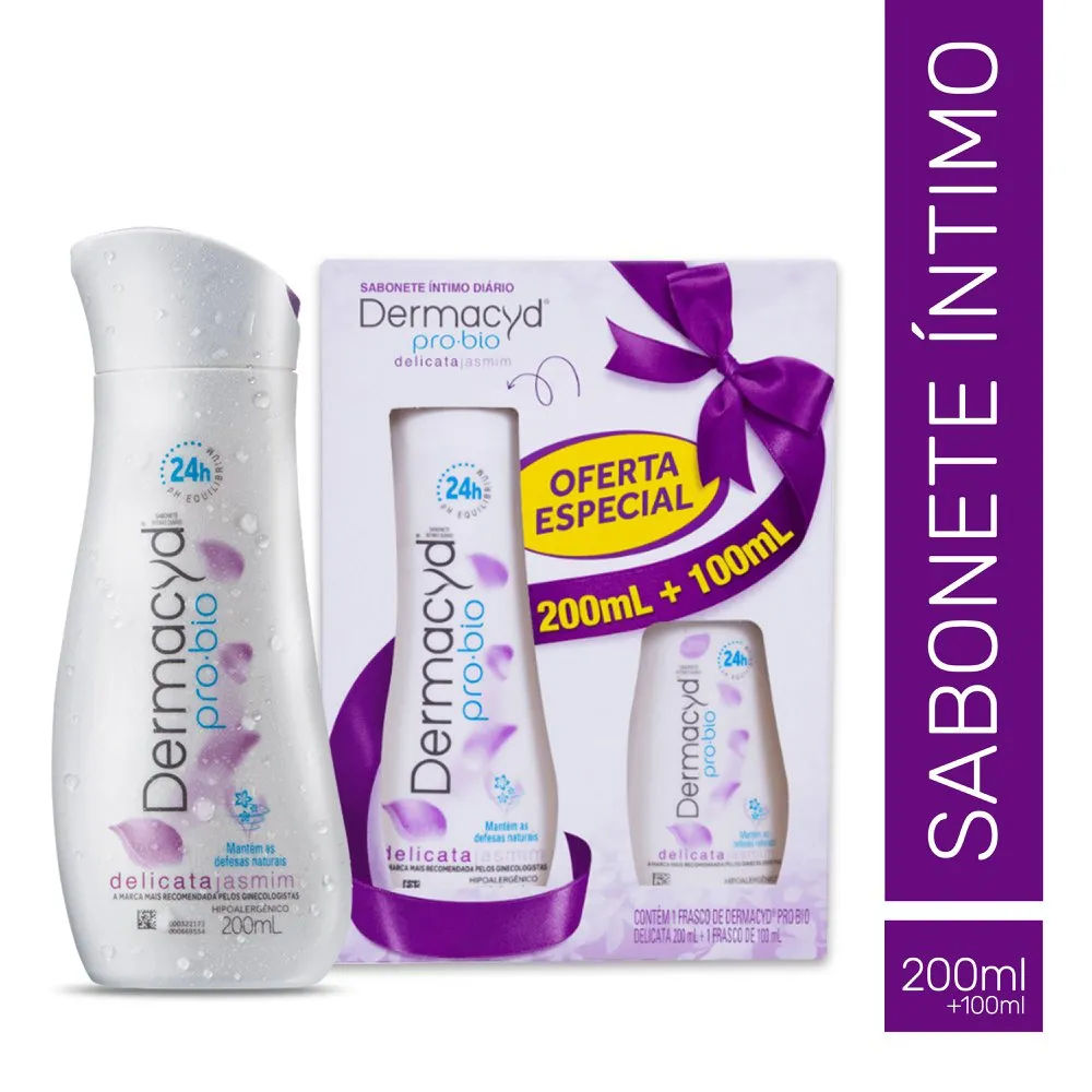 Kit Sabonete Íntimo Dermacyd Pro-Bio Delicata Jasmim 200ml 1 Unidade + Sabonete Íntimo Dermacyd Pro-Bio Delicata Jasmim 100ml 1 Uni Promoção 300ml