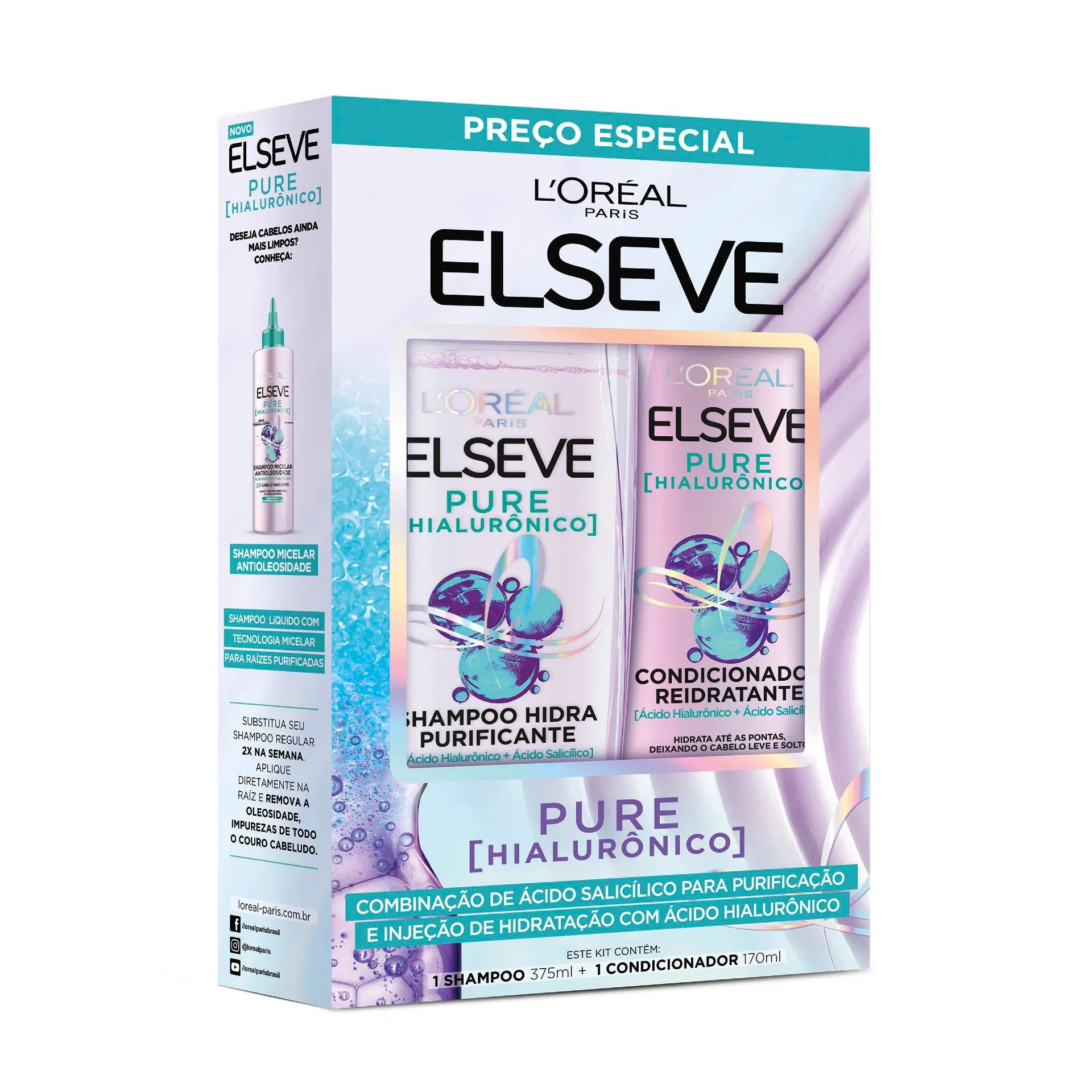 Kit Shampoo Elseve Pure Hialurônico 375ml 1 Unidade + Condicionador Elseve Pure Hialurônico 170ml 1 Unidade
