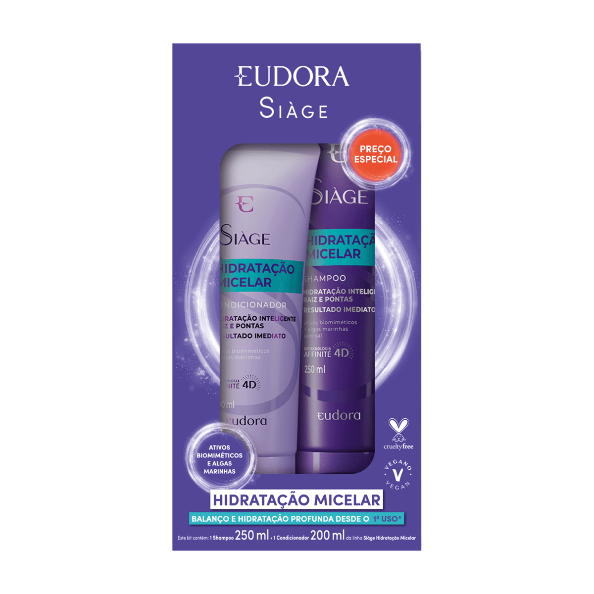 Kit Shampoo Eudora Siàge Hidratação Micelar 250ml 1 Unidade + Condicionador Eudora Siàge Hidratação Micelar 200ml 1 Unidade