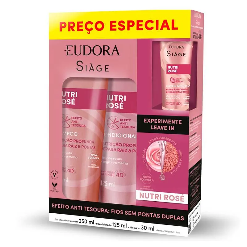 Kit Shampoo Eudora Siàge Nutri Rosé 250ml 1 Uni + Condicionador 125ml 1 Uni + Leave-in Rosé 30ml 1 Uni