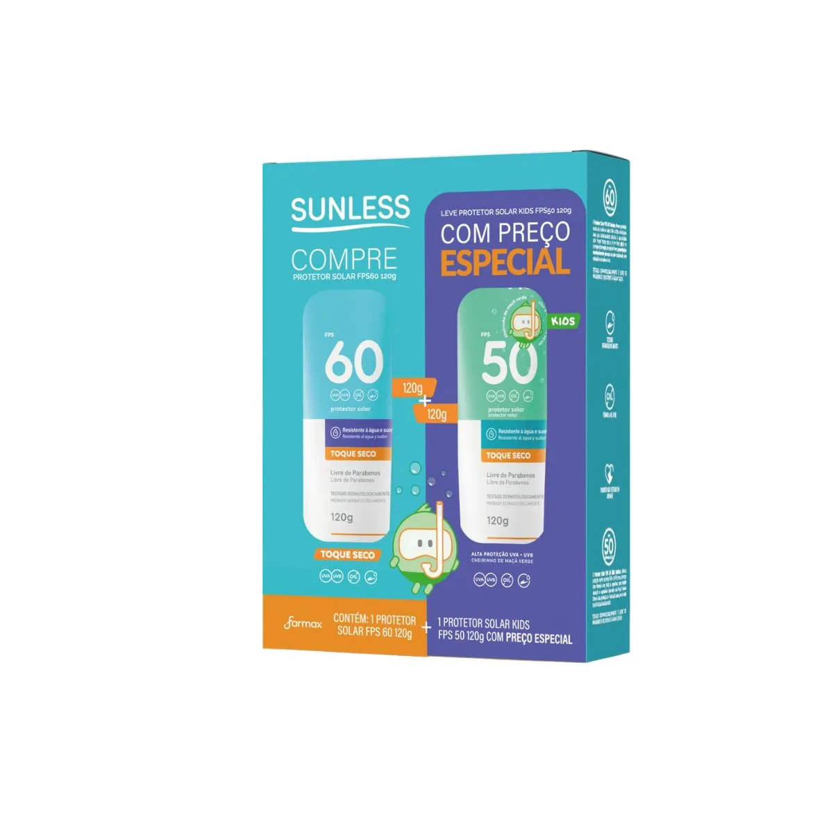 Kit Sunless Protetor Solar Toque Seco Fps60 120g + Protetor Kids Fps50 120g Preco Especial