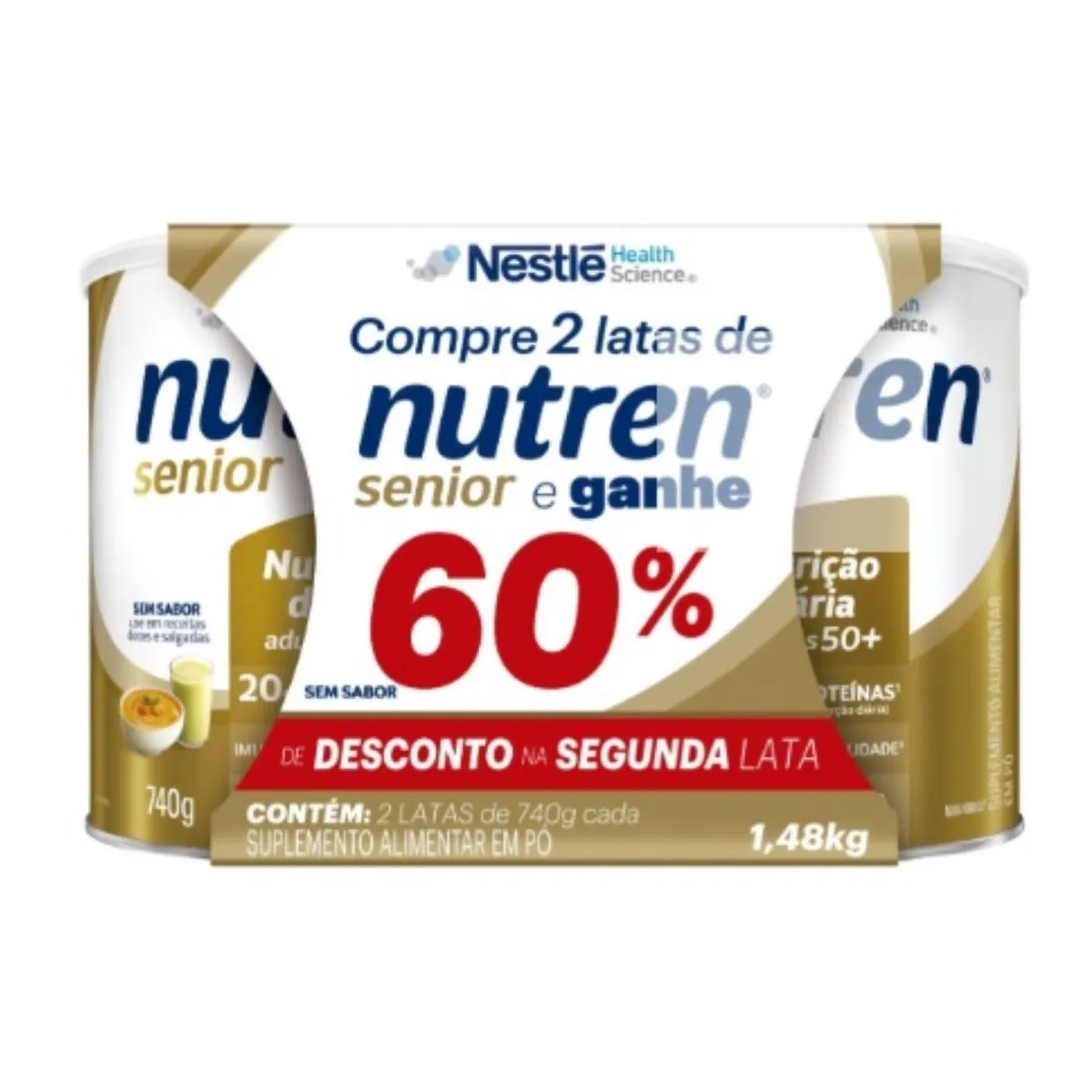 Kit Suplemento Alimentar Pó Nutren Senior Sem Sabor 1,48kg 2 Unidades 60% De Desconto Na Segunda Lata