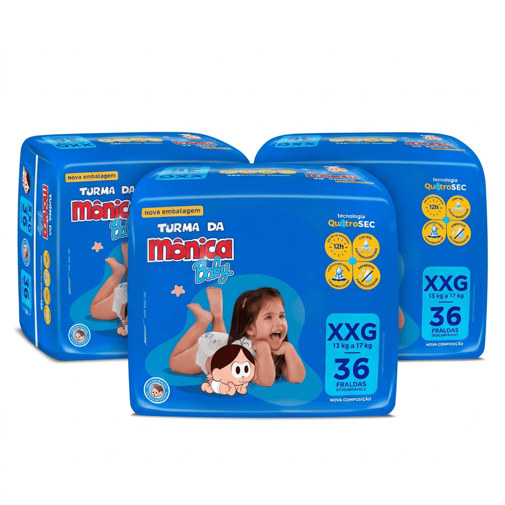 Kit Turma da Mônica Baby Fralda Descartável XXG 3 Pacotes 36 Uni Cada
