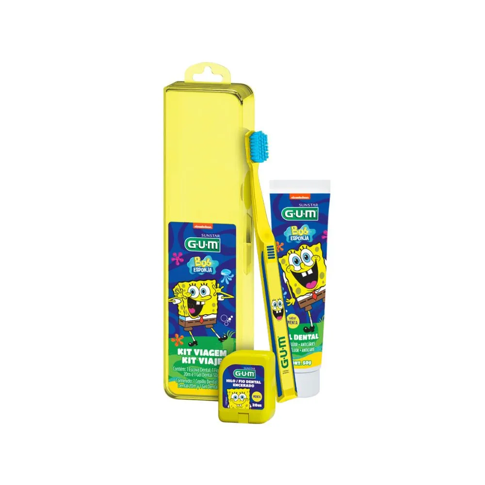 Kit Viagem Bob Esponja Escova Dental Infantil GUM Macia 1 Uni + 1 Fio Dental Sabor Menta 20m 1 Uni + 1 Gel Dental Flúor Sabor Menta 50g 1 Uni