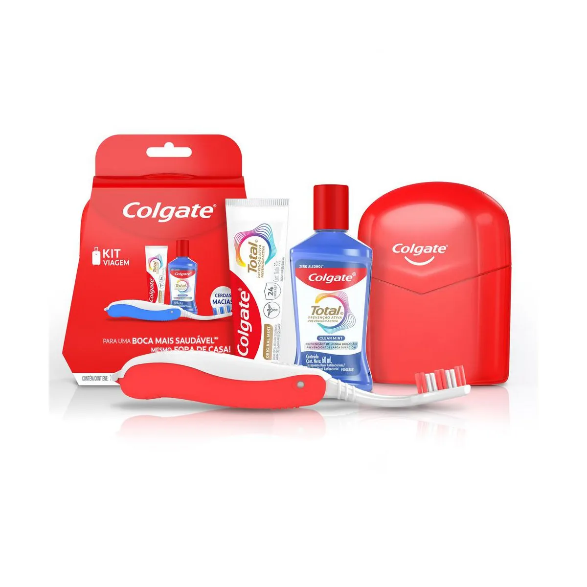 Kit Viagem Colgate Estojo + Creme Dental Original Mint 30g + Enxaguante Bucal Clean Mint 60ml + Escova Dental Macia Colgate Total 1 Unidade