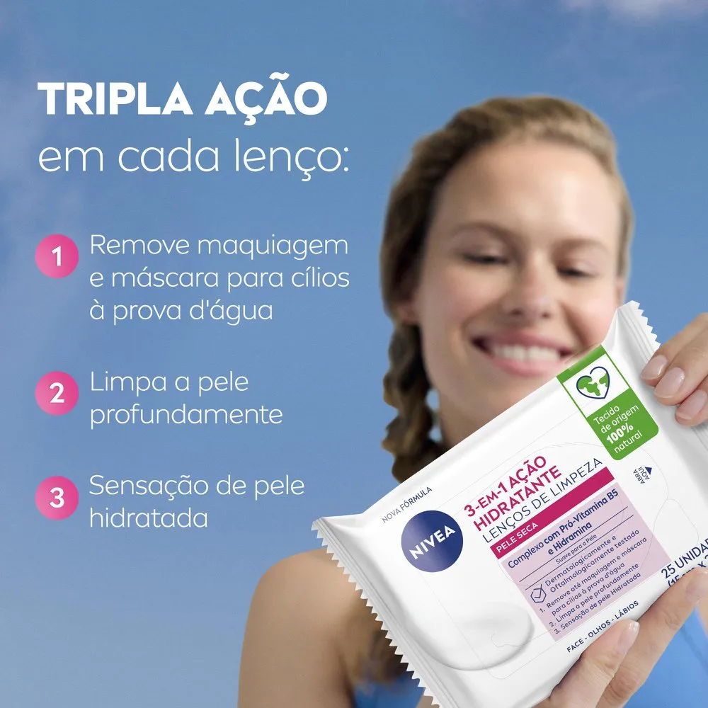 Lenço Demaquilante Nivea 3 em 1 Ação Hidratante 25 unidades — foto 3