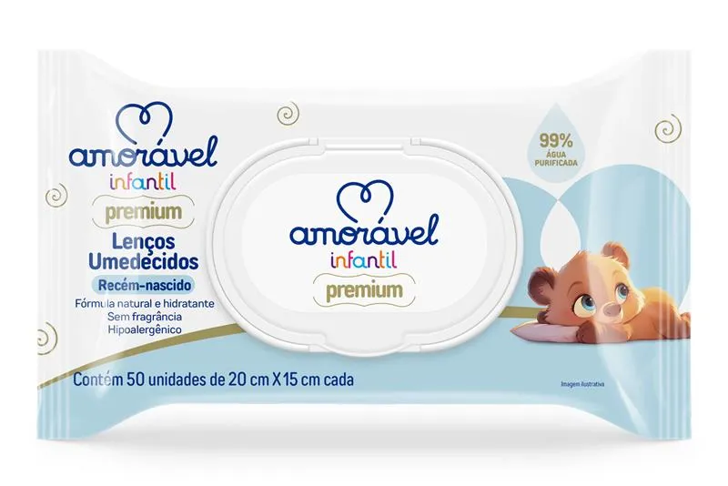 Lenço Umedecido Infantil Amorável 99% Água Com 50 Unidades