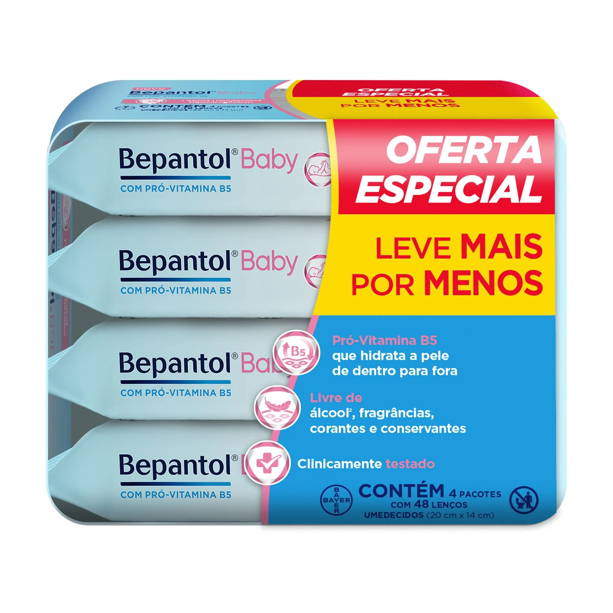 Lenços Umedecidos Bepantol Baby Sem Fragrância Hipoalergênico com Pró-Vitamina B5 48 Unidades 4 pacotes Leve 4 Pague 3