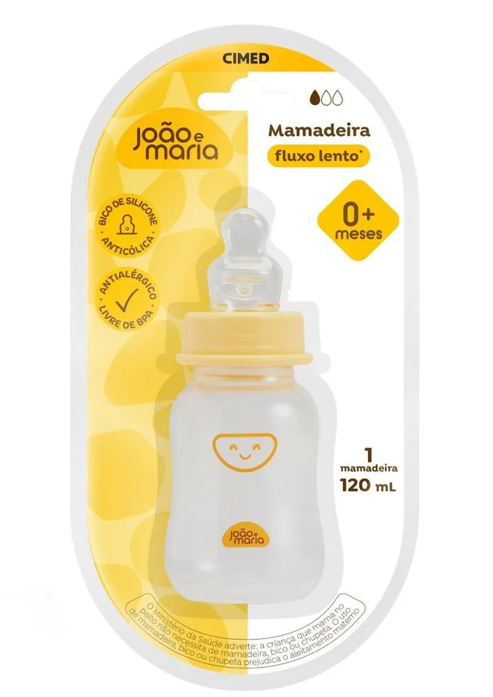 Mamadeira João e Maria Bico Ortodôntico Silicone Amarelo 120ml 1 Unidade