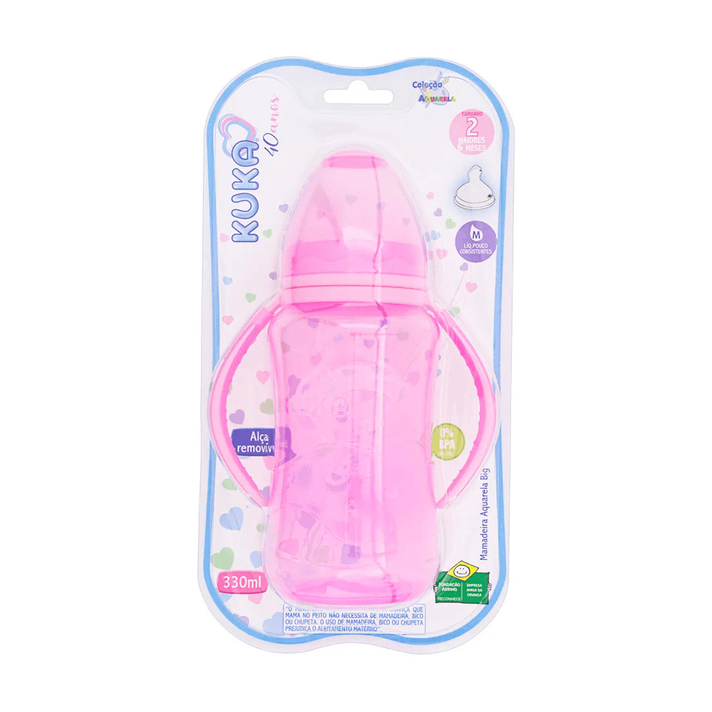 Mamadeira Kuka Aquarela Big Ortodôntica com Alça +6 meses Rosa 330ml 1 Unidade