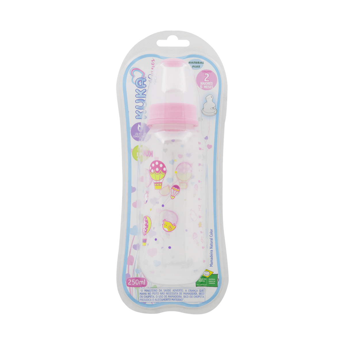 Mamadeira Kuka Natural Color Bico Ortodôntico Anticólica Silicone Sem BPA Rosa 250ml Tamanho 2