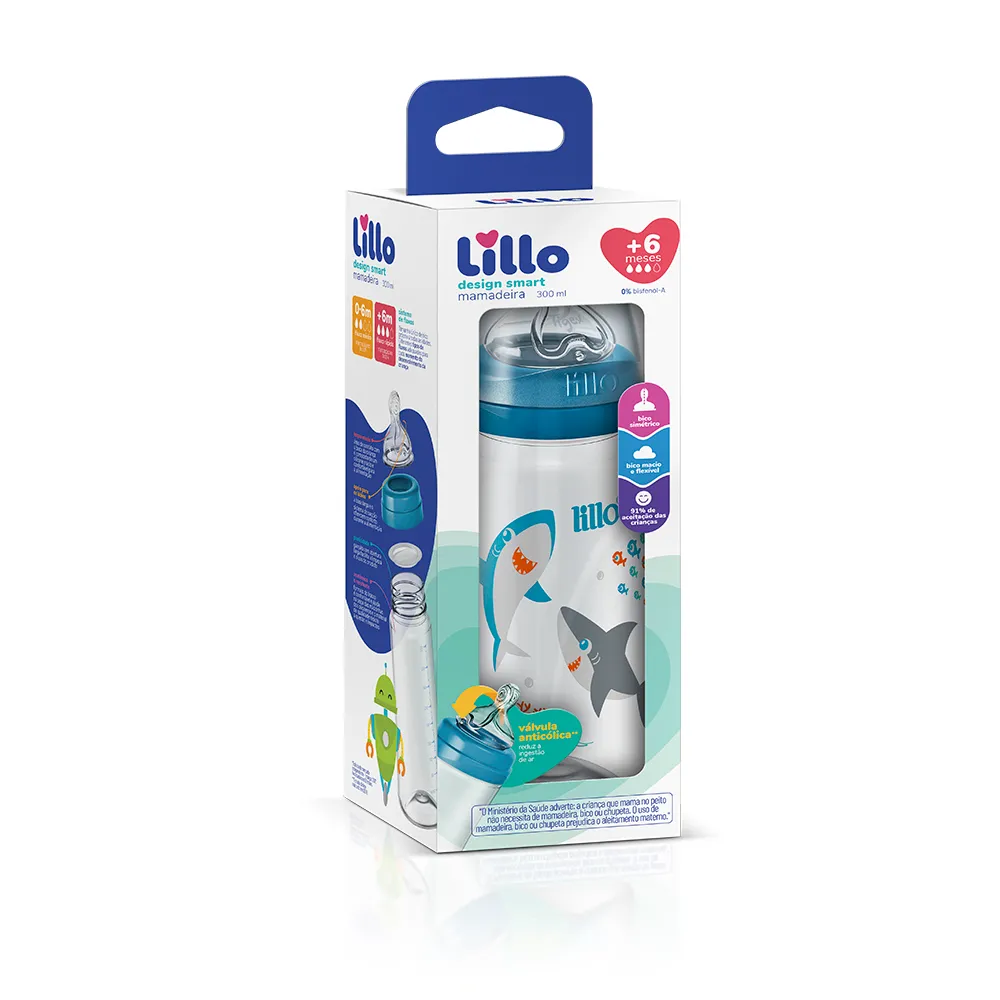 Mamadeira Lillo Design Smart Bico Simétrico +6 meses Anticólica Azul 300ml 1 Unidade