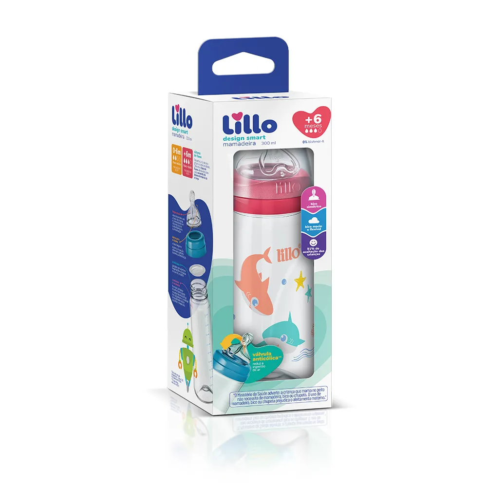Mamadeira Lillo Design Smart Bico Simétrico +6 meses Anticólica Rosa 300ml 1 Unidade