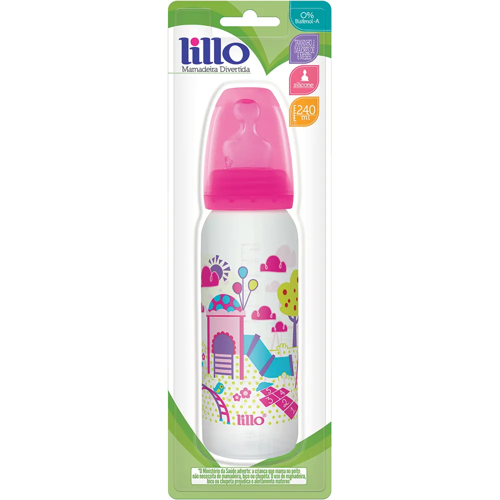 Mamadeira Lillo Divertida Ortodôntica +6 meses Rosa 240ml Tamanho 2 1 Unidade