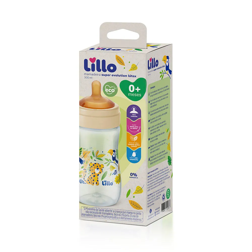Mamadeira Lillo Super Evolution Látex Bico Redondo Recém-Nascido Anticólica Antivazamento 300ml 1 Unidade