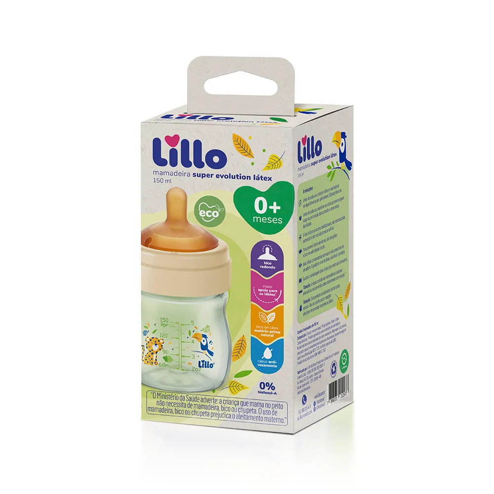 Mamadeira Lillo Super Evolution Látex Bico Redondo Recém-Nascido Anticólica Antivazamento 150ml 1 Unidade