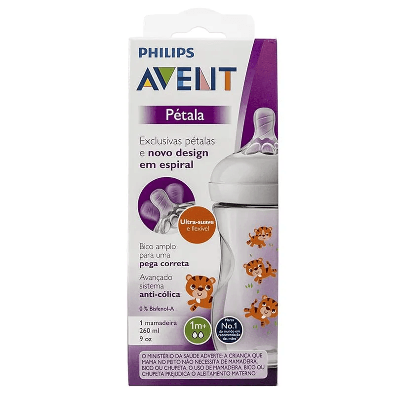 Mamadeira Philips Avent Pétala +1 mês Anticólica Fluxo Lento Tigre 260ml 1 Unidade