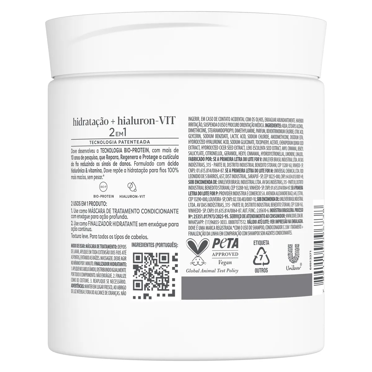 Máscara Dove 2 Em 1 Hidratação + Hialuron-Vit 500g — foto 3