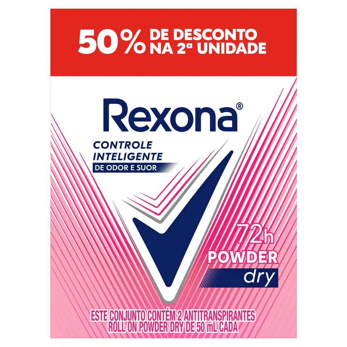 Pack Antitranspirante Roll-On 72h Rexona Powder Dry 2 Unidades De 50ml Cada Grátis 50% De Desconto Na 2ª Unidade