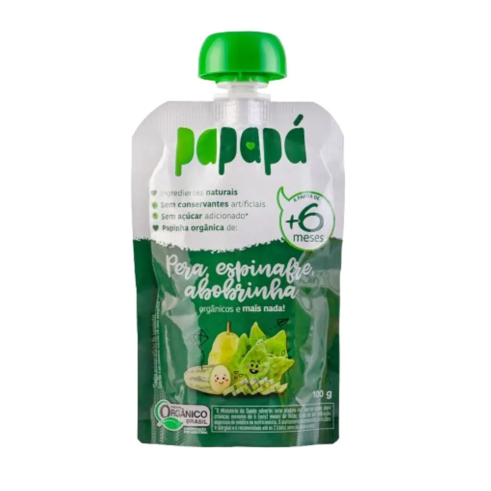 Papinha Infantil Papapá Orgânica Pera Espinafre e Abobrinha +6 meses 100g