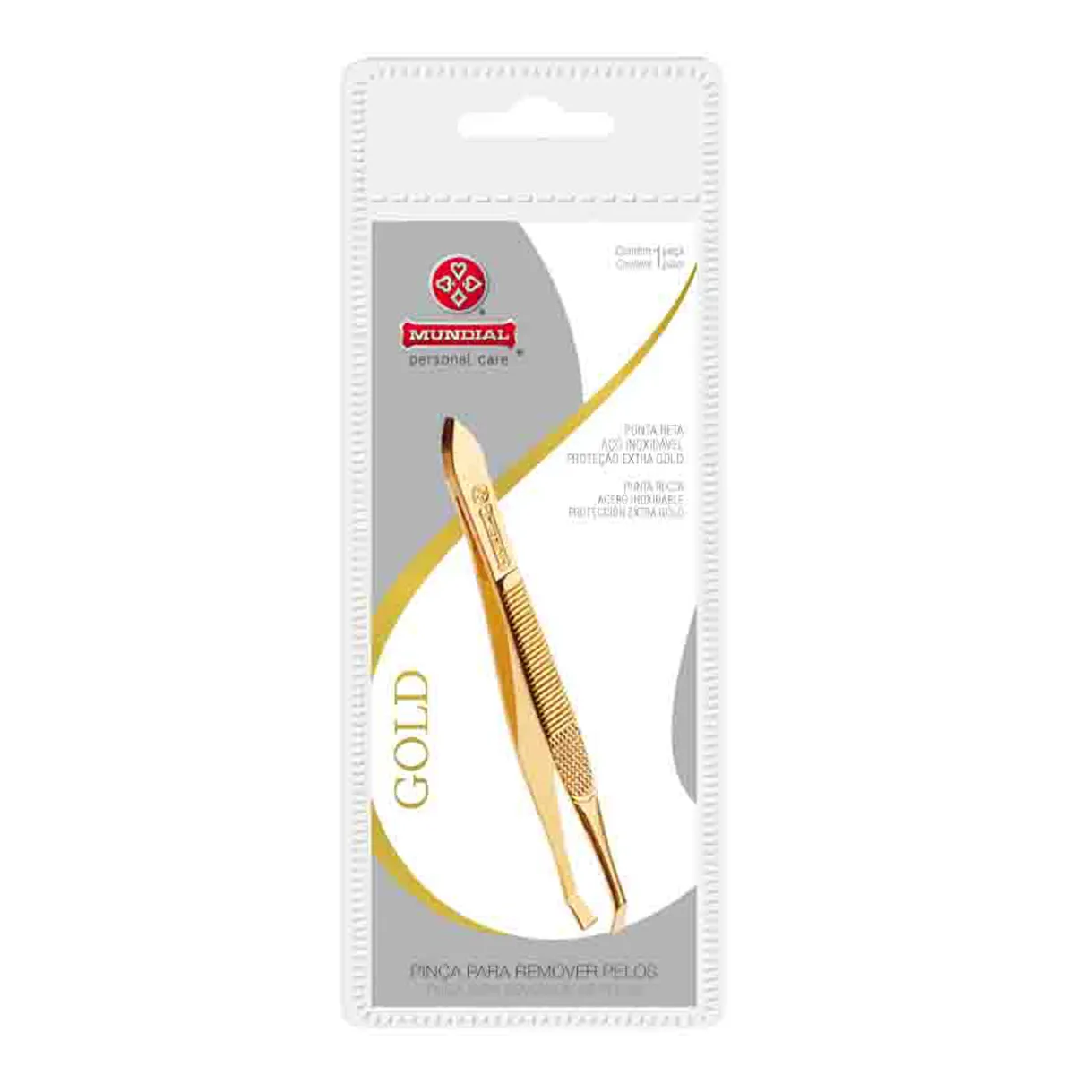 Pinça de Sobrancelha Mundial Gold 384 Ponta Reta Dourada 1 Unidade