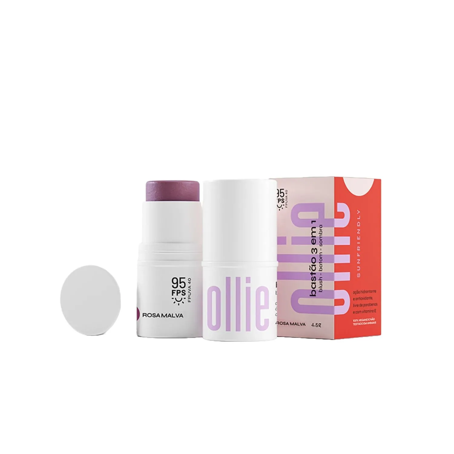 Protetor Solar em Bastão 3 em 1 Ollie Blush, Batom e Sombra FPS95 Rosa Malva 4,5g