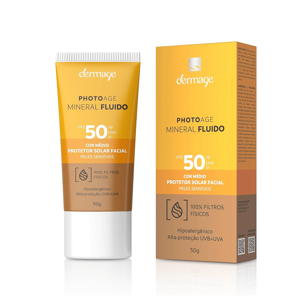 Protetor Solar Facial Dermage Photoage Mineral Fluído Cor Média FPS50 50g