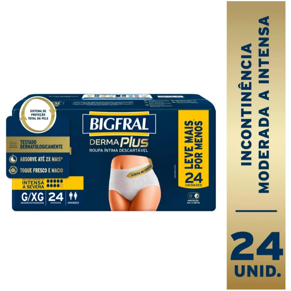 Roupa Íntima Descartável Bigfral Derma Plus Incontinência Urinária Moderada a Intensa G/XG 24 Unidades