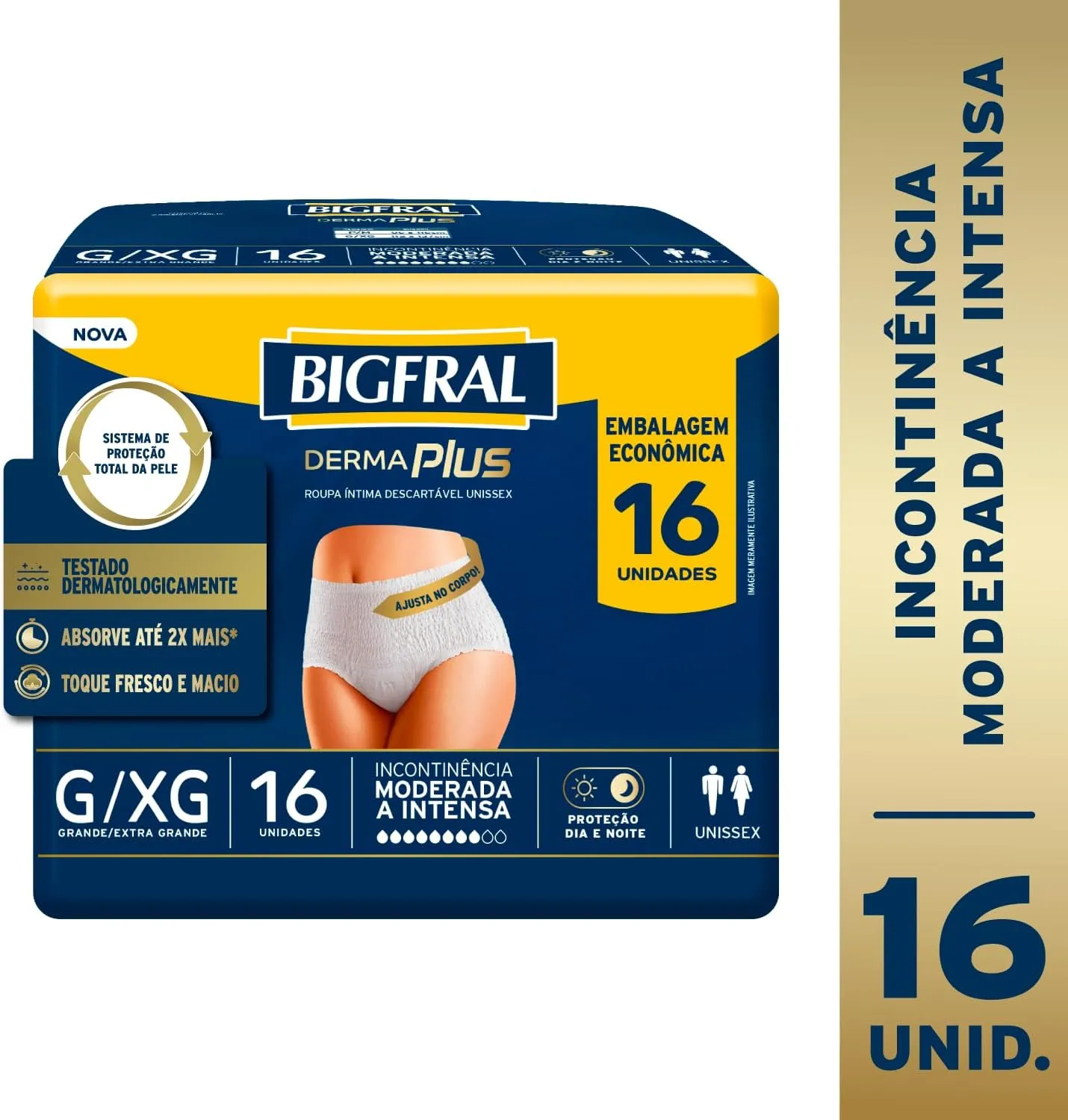 Roupa Íntima Descartável Bigfral Derma Plus Incontinência Urinária Moderada a Intensa G/XG 16 Unidades