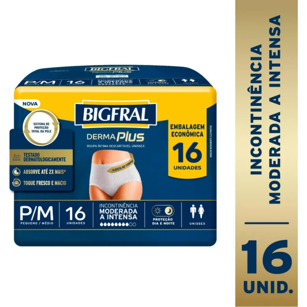 Roupa Íntima Descartável Bigfral Derma Plus Incontinência Urinária Moderada a Intensa P/M 16 Unidades