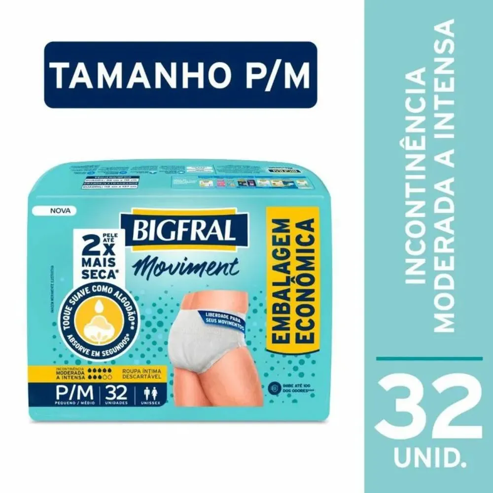 Roupa Íntima Descartável Bigfral Moviment Incontinência Urinária Moderada a Intensa P/M 32 Unidades