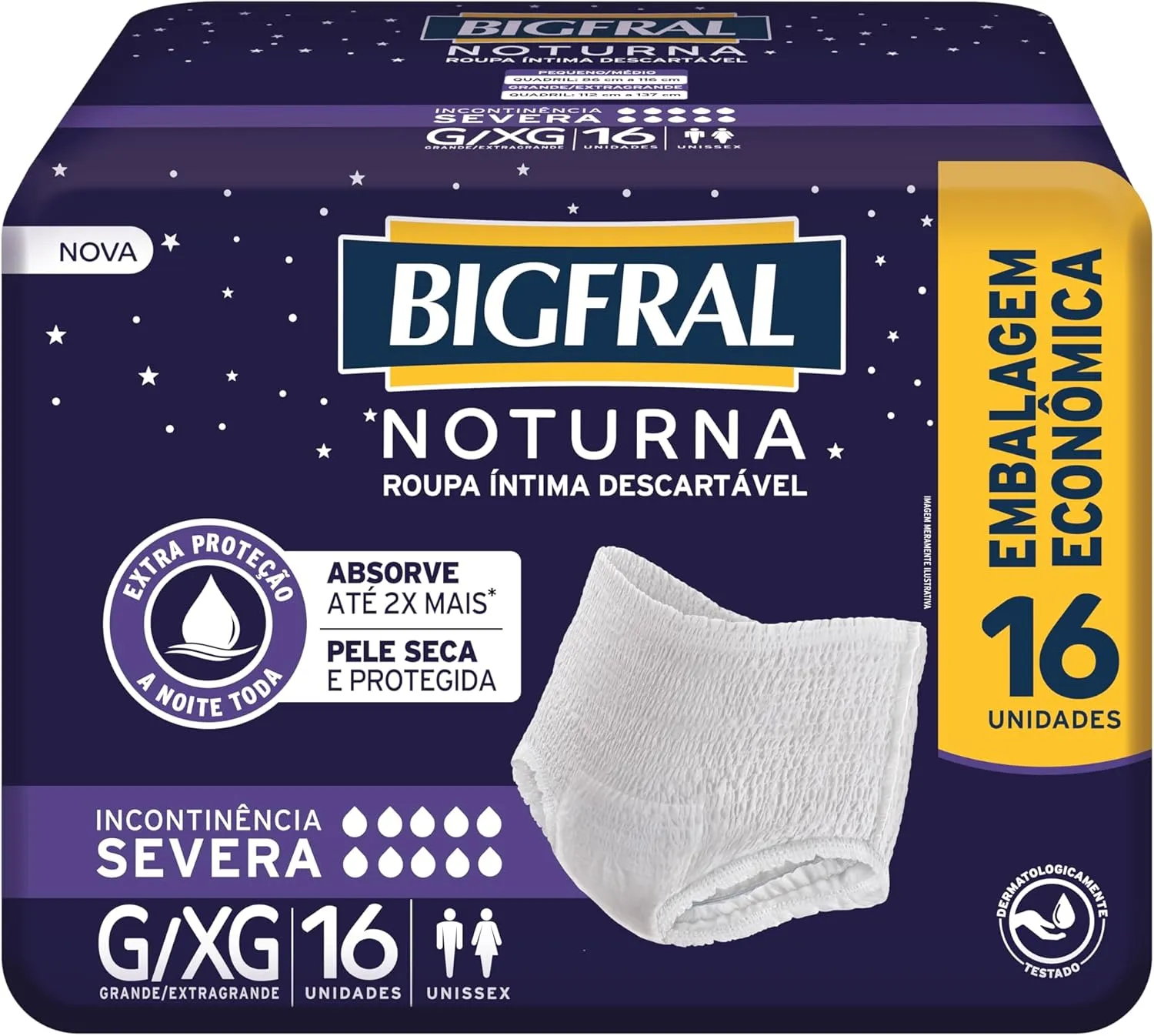 Roupa Íntima Descartável Bigfral Noturna Incontinência Severa Tamanho G/XG 16 Unidades
