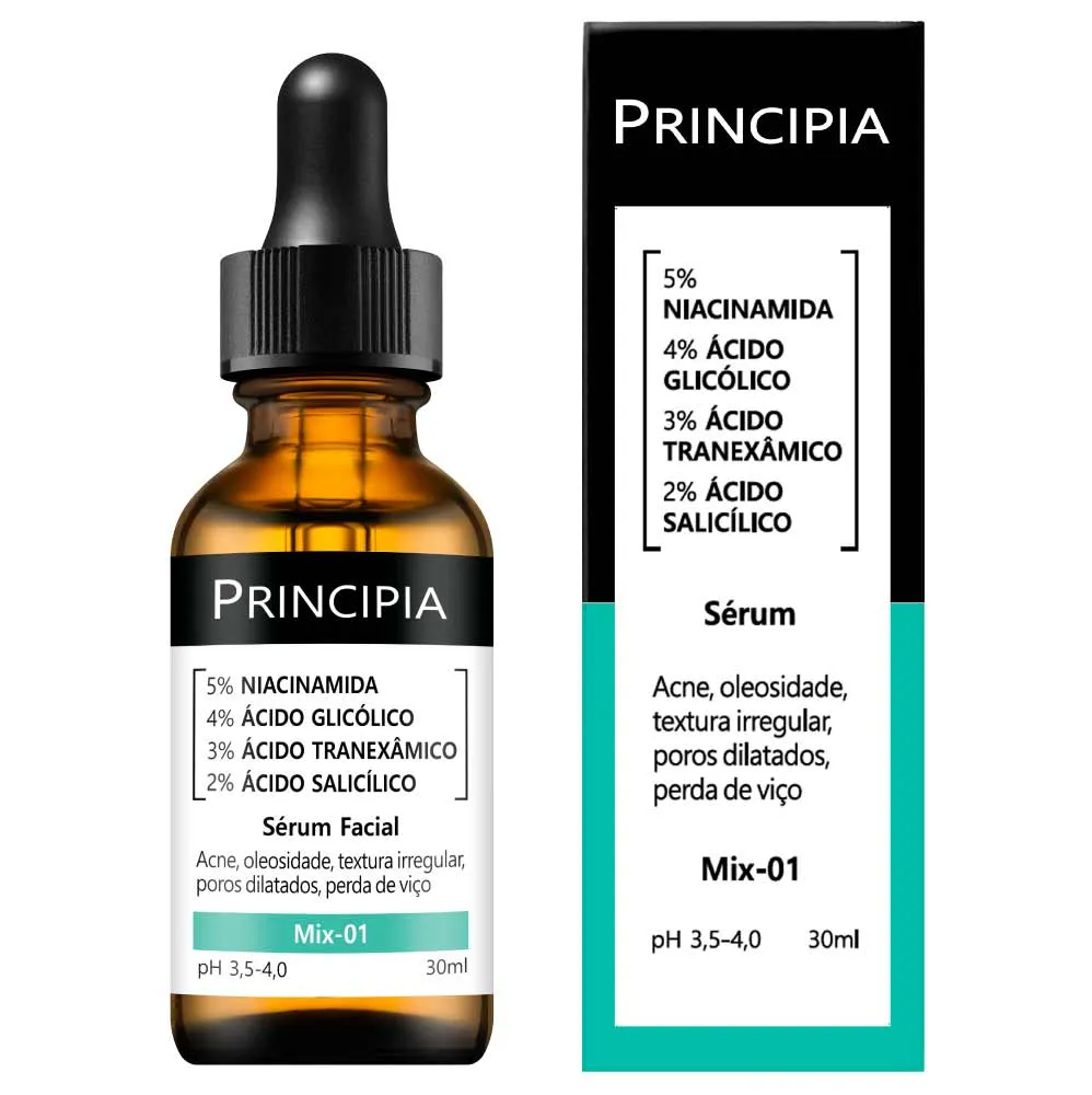 Sérum Facial Principia Mix-01 com Niacinamida 5% Ácido Glicólico 4% Ácido Tranexâmico 3% Ácido Salicílico 2% 30ml