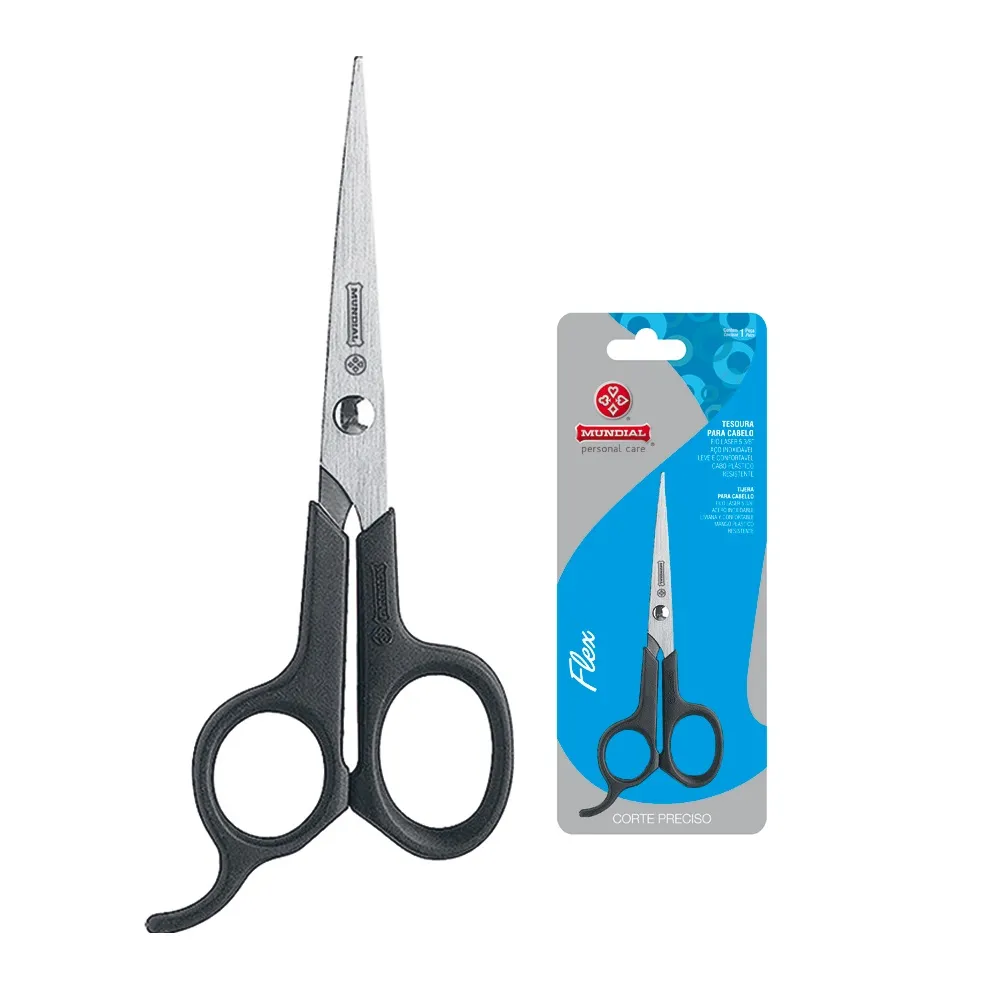 Tesoura de Cabelo Mundial Flex Fio Preciso 13,7cm Aço Inox Preta 1 Unidade