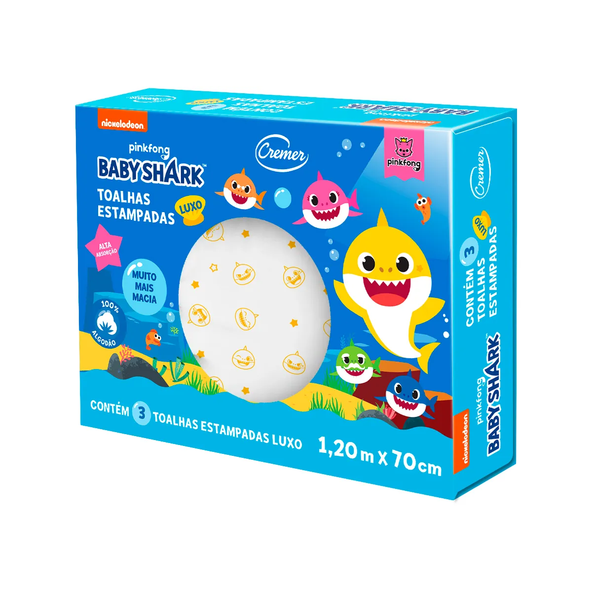 Toalha de Banho Cremer Luxo Baby Shark Estampada Bebê Algodão 3 Unidades