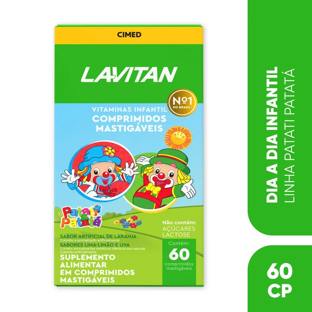 Vitamina Infantil Mastigável Sabor Uva, Limão e Laranja Lavitan Patati Patatá 60 Comprimidos